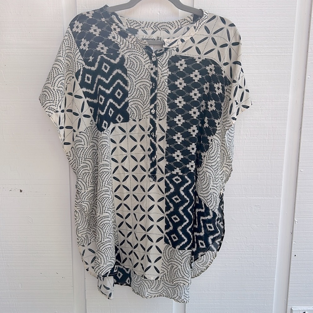 Johnny Was Pete & Greta Boho Print Silk Button Front Blouse Lagenlook Tunic Top